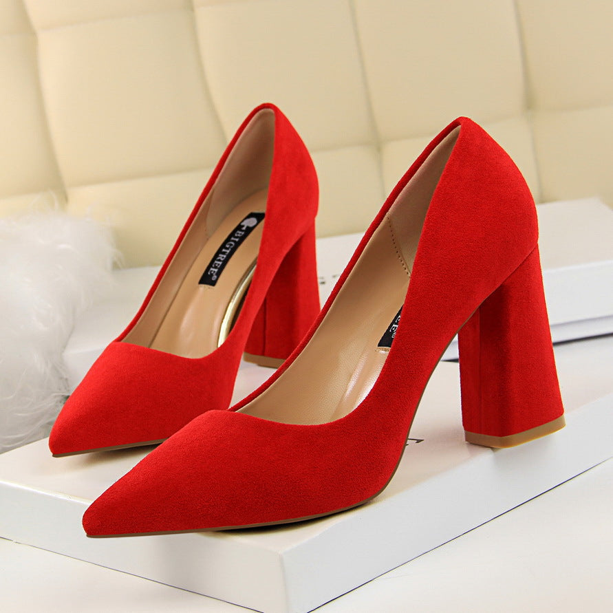 Simple Thick Heel High Heel Suede Shallow Mouth Pointed Toe Business Office Skinny Women Shoes High Heels Pumps