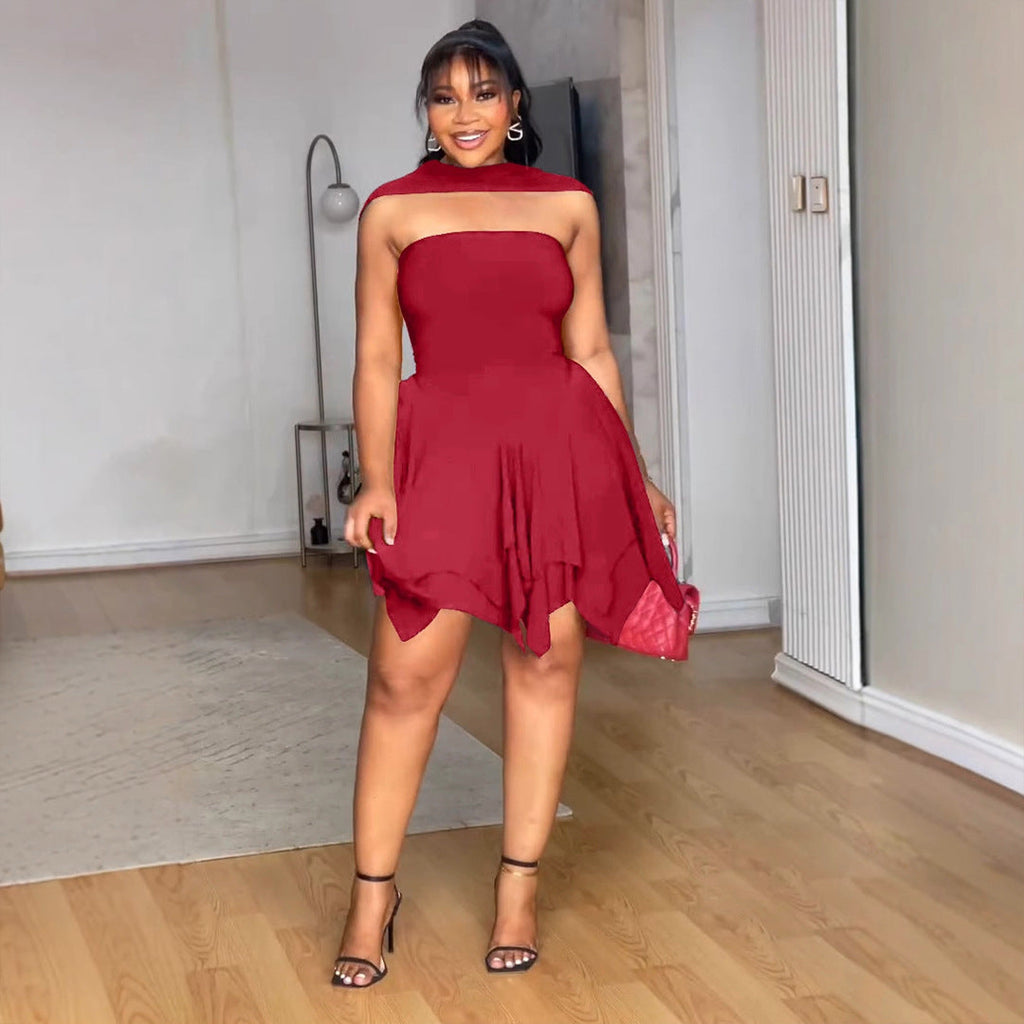 Women Elegant Irregular Asymmetric Double Layer Waist Tube Top Elastic Dress Bella Mia
