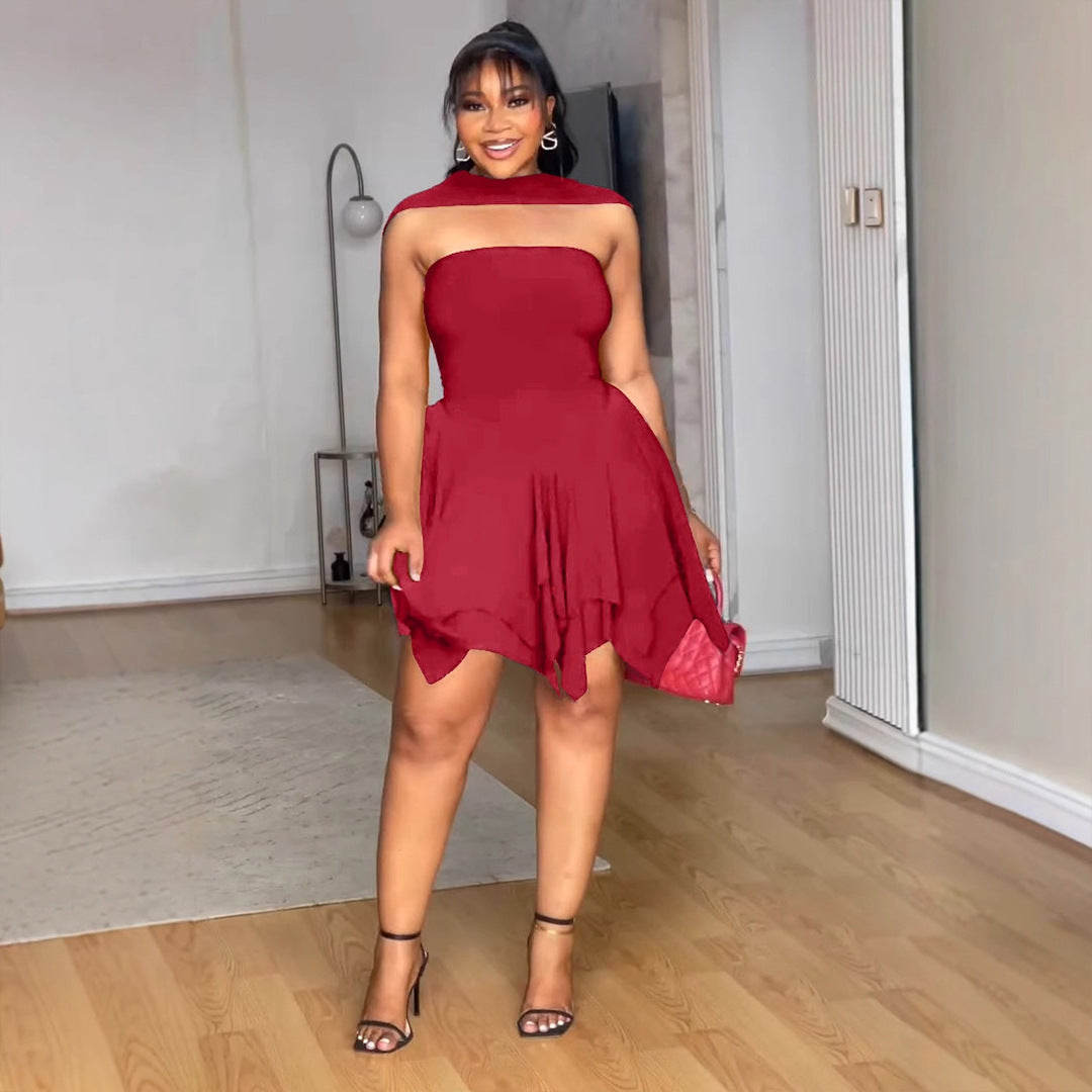 Women Elegant Irregular Asymmetric Double Layer Waist Tube Top Elastic Dress Bella Mia