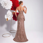 Champagne Sequin Sling Evening Dress Slim Fit Slit Cocktail Host Annual Party Party Light Luxury Fishtail Dress Bella Mia