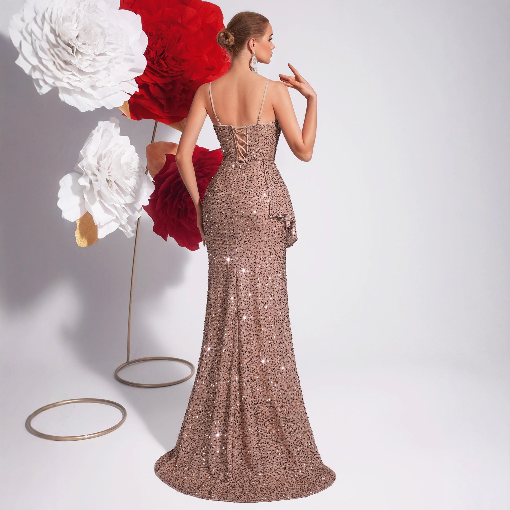 Champagne Sequin Sling Evening Dress Slim Fit Slit Cocktail Host Annual Party Party Light Luxury Fishtail Dress Bella Mia
