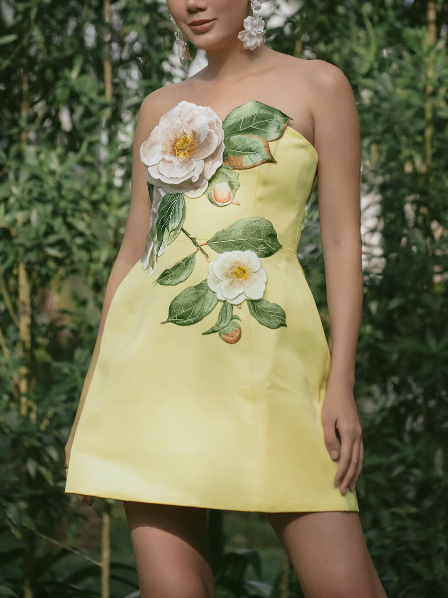 Summer Embroidery Three Dimensional Floral Sleeveless Tube Top Slimming Dress Women Bella Mia