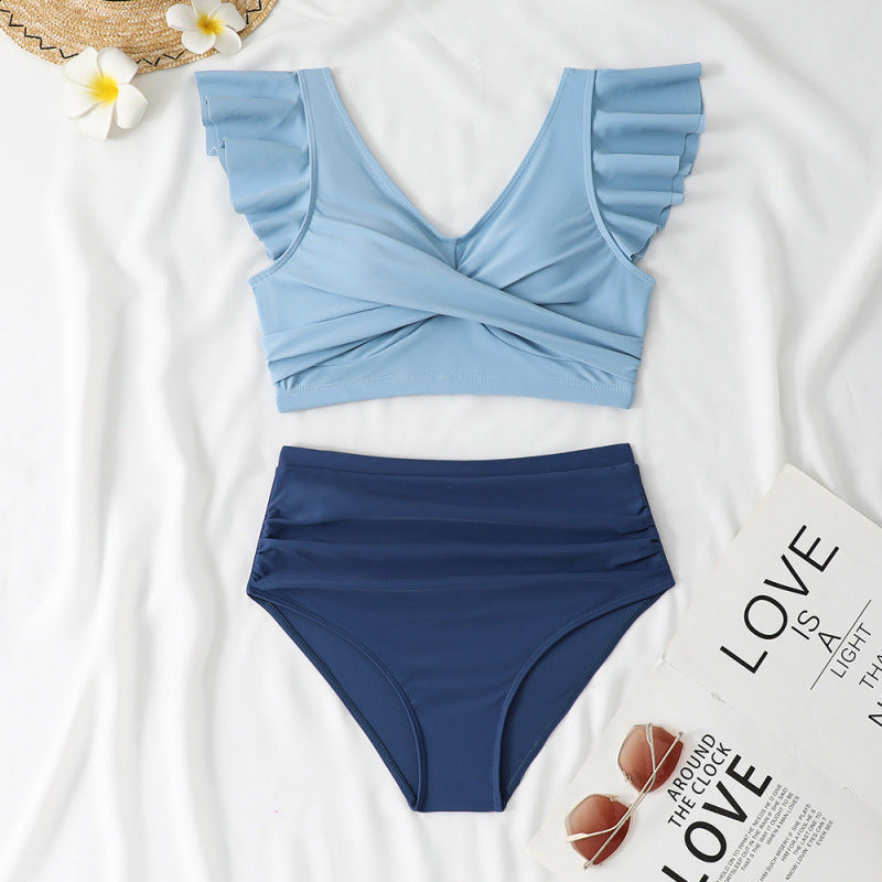 Split Swimsuit Slim Fit V Collar Contrast Color Ruffled Stitching Women Swimsuit Bikini Bella Mia