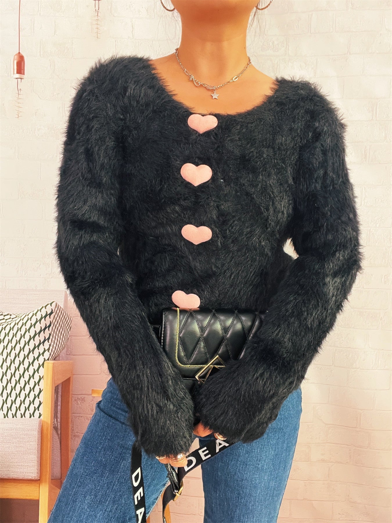 Autumn Winter Office Cute Love Button Solid Color Mink like Knitted Cardigan Sweater Bella Mia