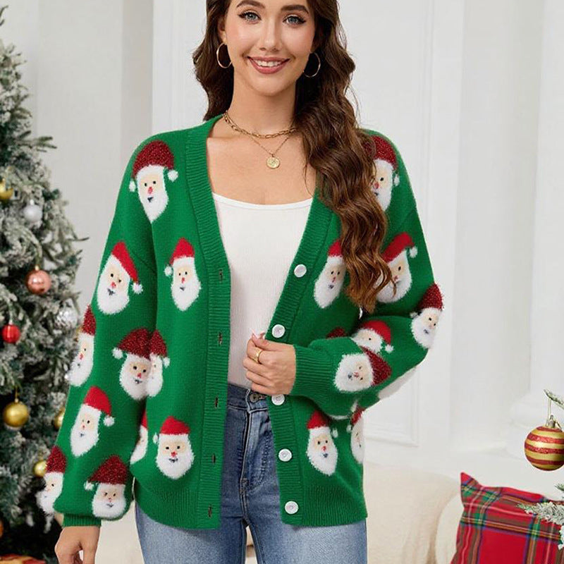 Women Casual Santa Claus Brocade Sweater Cardigan Autumn Winter Christmas Sweater Bella Mia