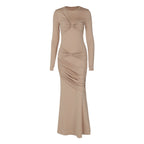 Western Women Clothing Autumn Winter Fashionable Elegant Slim Pleated round Neck Long Sleeved Dress Women Bella Mia