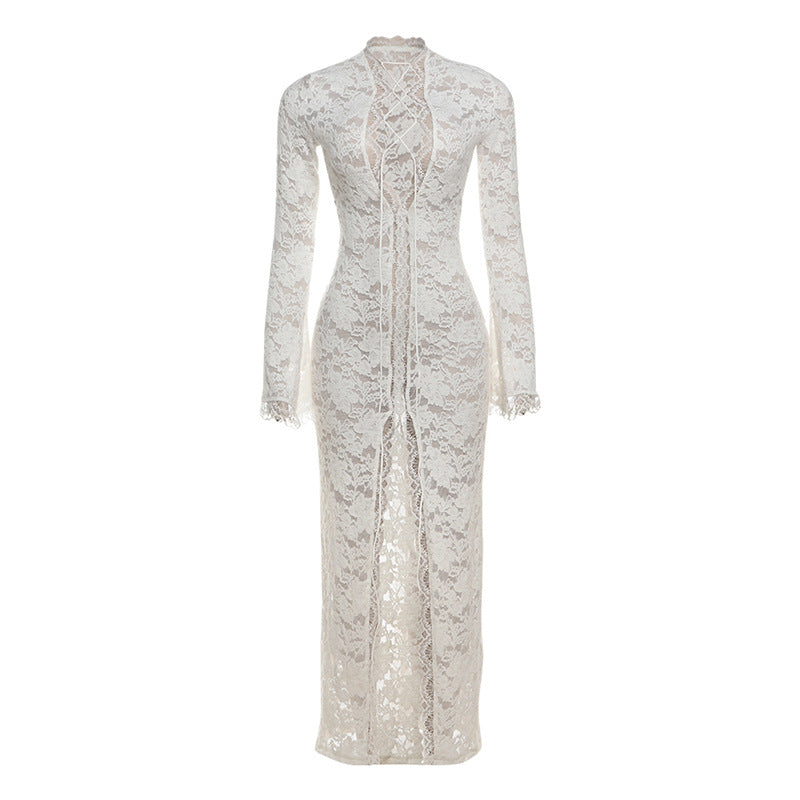 Autumn Winter Women Clothing Sexy Lace Cutout Deep V Plunge neck Lace up Slit Slim Fitting Long Sleeve Dress Bella Mia