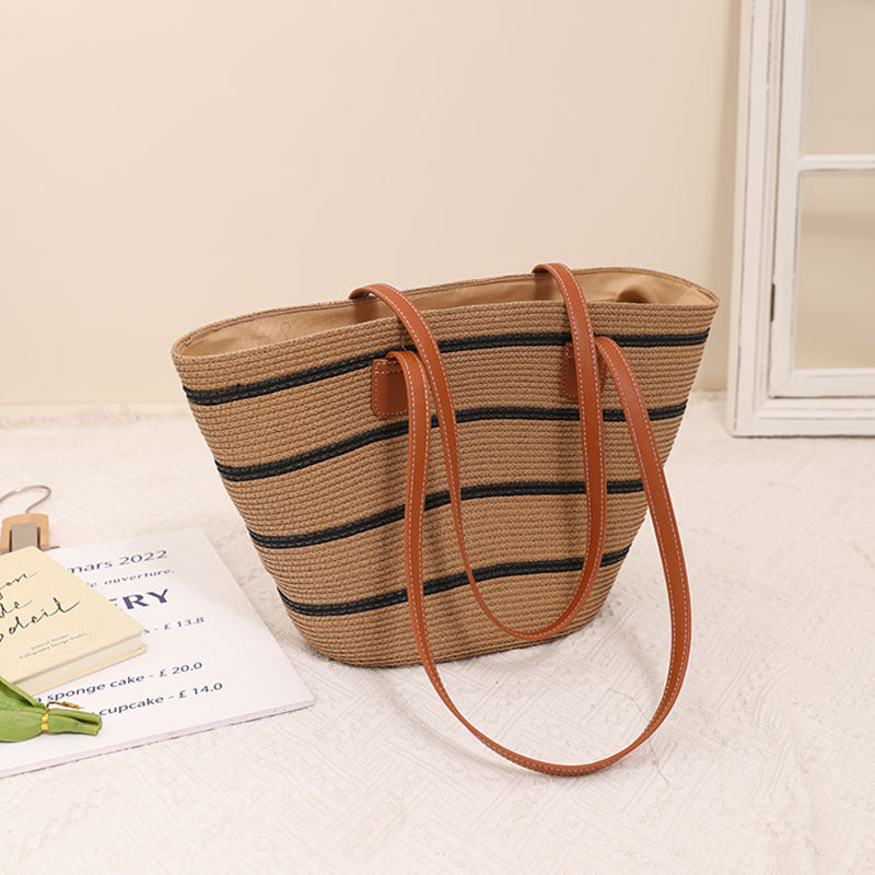 Striped Shoulder Straw Bag Woven Bag Summer Large Capacity Casual All Match Women Seaside Beach Rattan Woven Bag Bella Mia