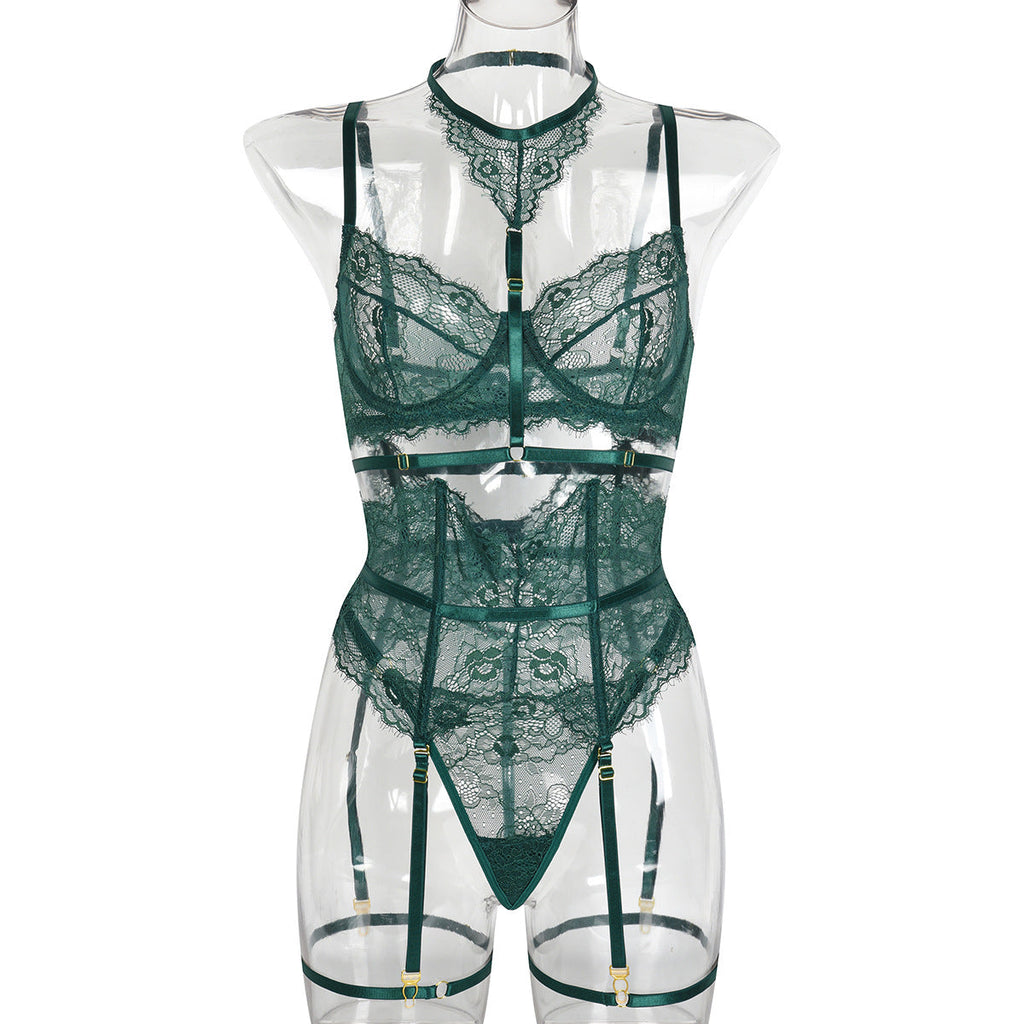 Sexy Three Piece Summer Lace Eyelash Lace Stitching with Halter Foot Ring Bella Mia