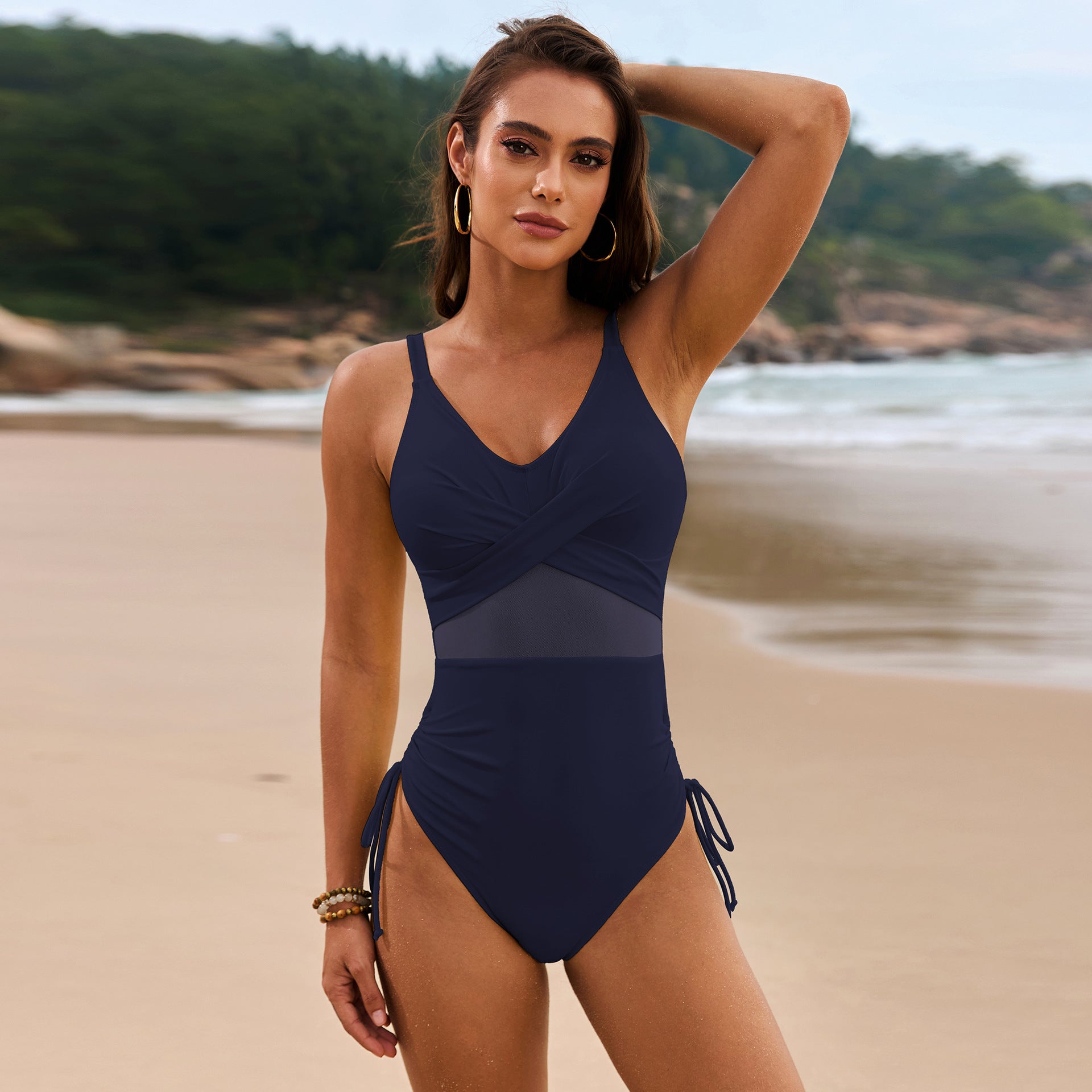 Solid Color Mesh Drawstring Swimsuit Women One Piece Swimsuit Bella Mia