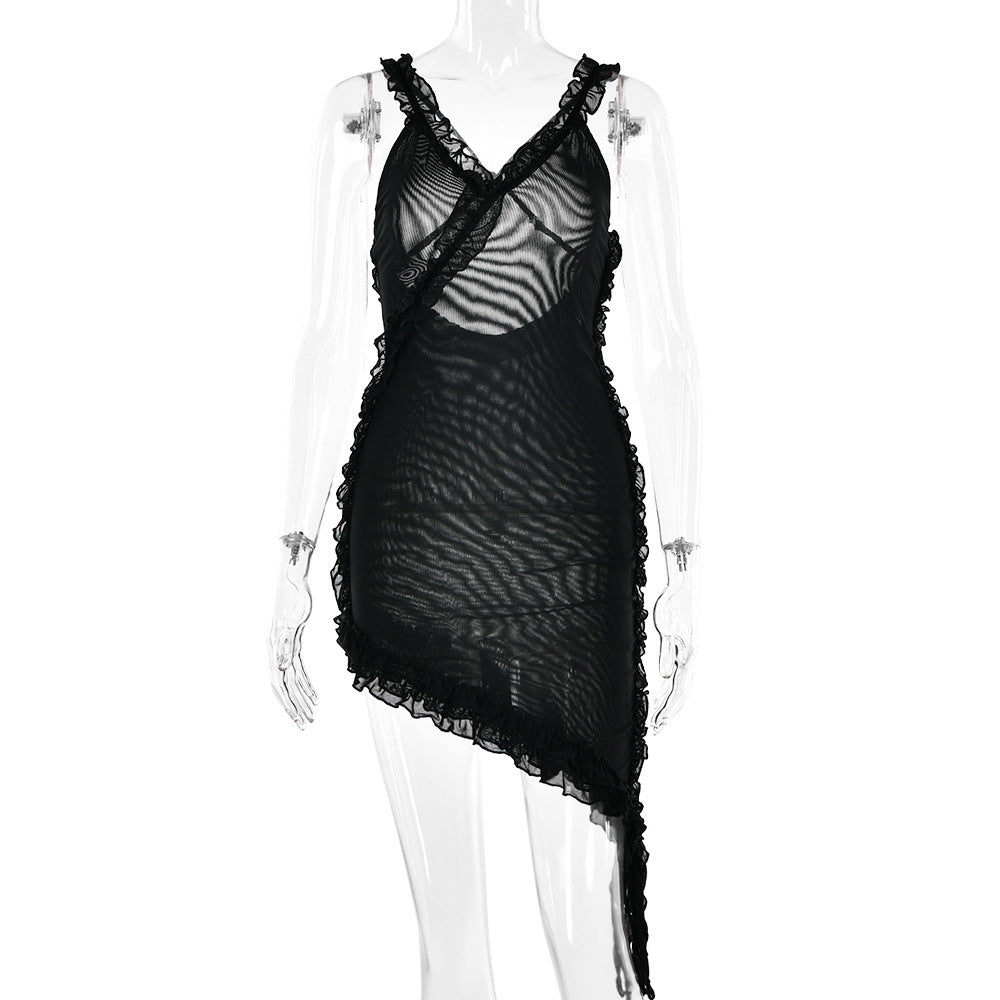 Summer V neck Slip Dress Women Sexy Backless Stitching Lotus Leaf Dress Bella Mia