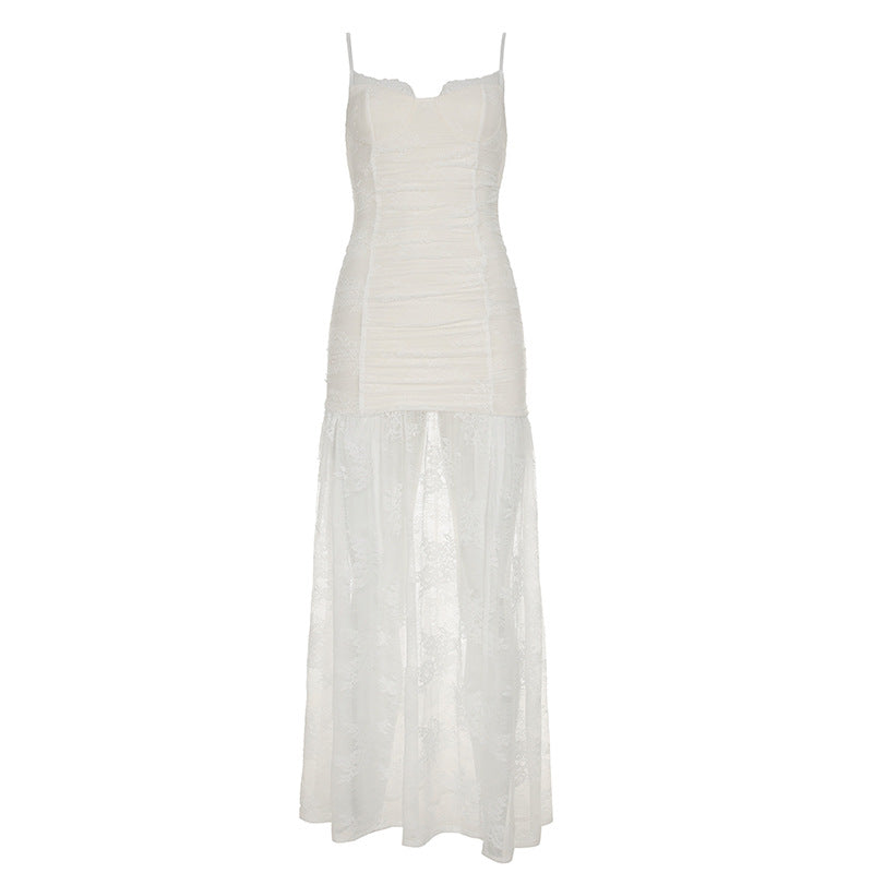 Women Clothing See through Lace Split Pleated Sling Elegant Dress Holiday Sheath Dress Bella Mia