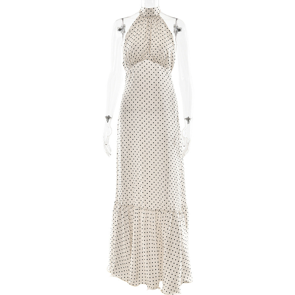 French Halter Polka Dot Satin Dress Sexy Elegant Backless Waist Trimming Dress Bella Mia