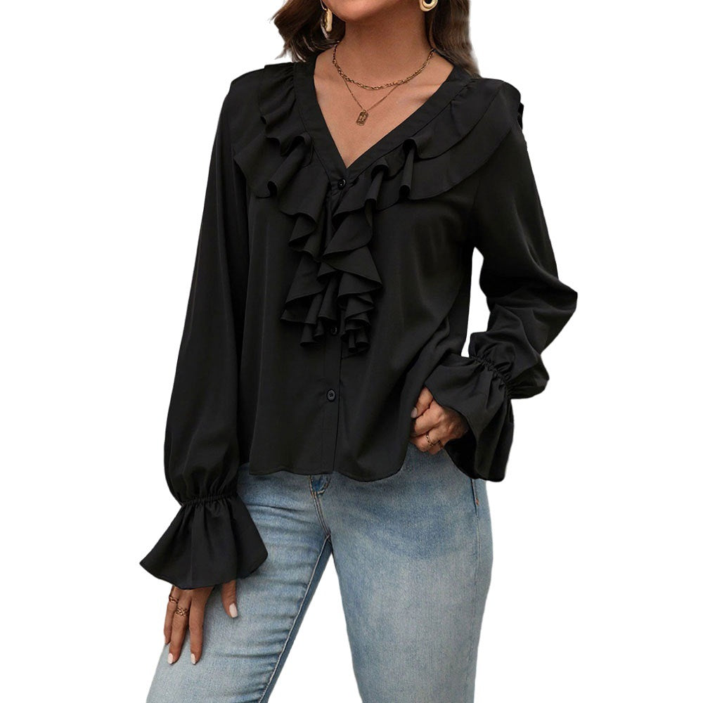 Women Clothing Autumn V neck Ruffled Elegant Shirt for Women Bella Mia