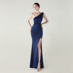 One Shoulder Slim Fit Satin Folding High Slit Sexy Evening Dress Fishtail Dress Dinner Wedding Social Networking Bella Mia