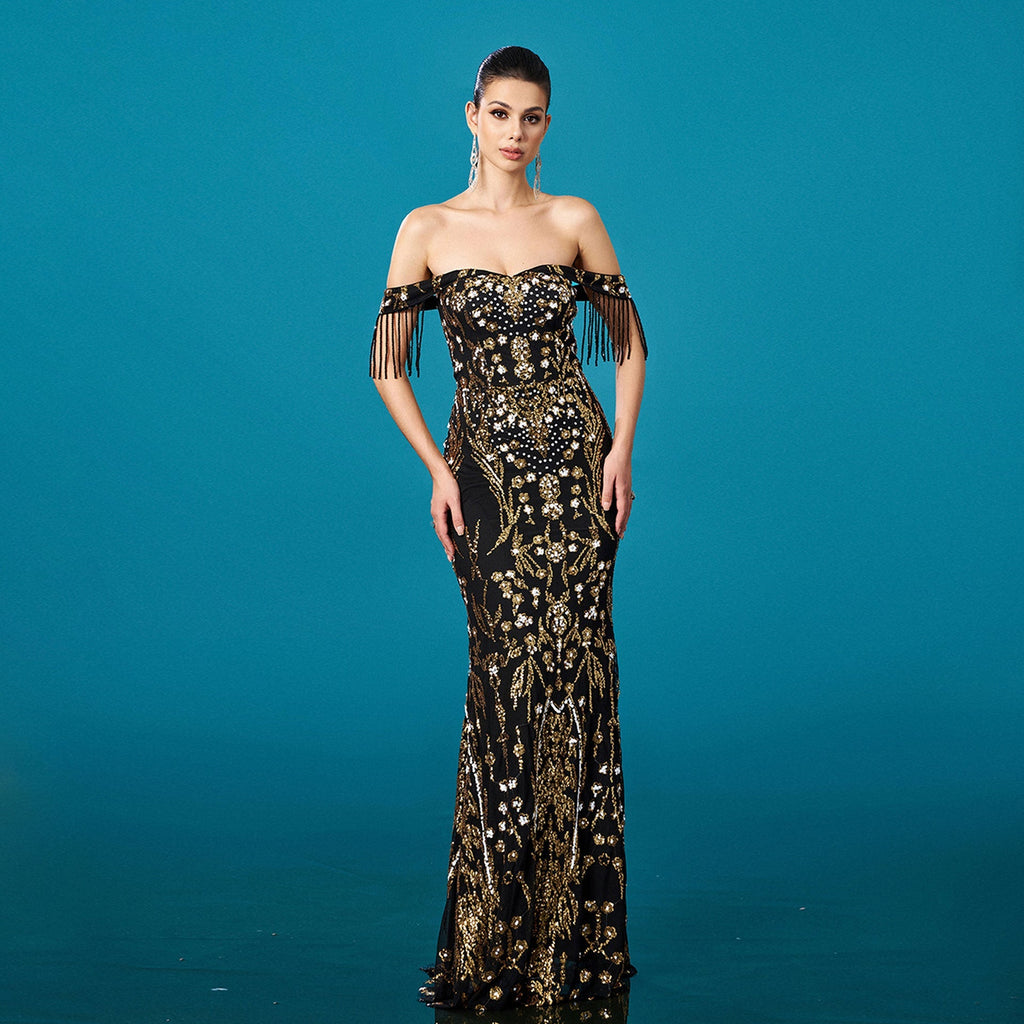 Women Clothing High Grade off Neck Tassel Sequined Fishtail Evening Dress Cocktail Dress Women Bella Mia