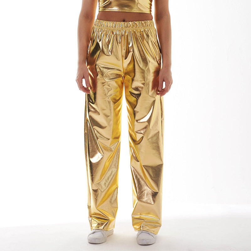 Metallic Coated Fabric Casual Pants Women High Street Design Aurora Laser Gradient High Waist Straight Pants All Matching Elastic Mop Pants Bella Mia