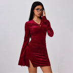 Women Sexy Dress Autumn Winter Bell Sleeve Pleated Waist Tight Short Hip Bella Mia