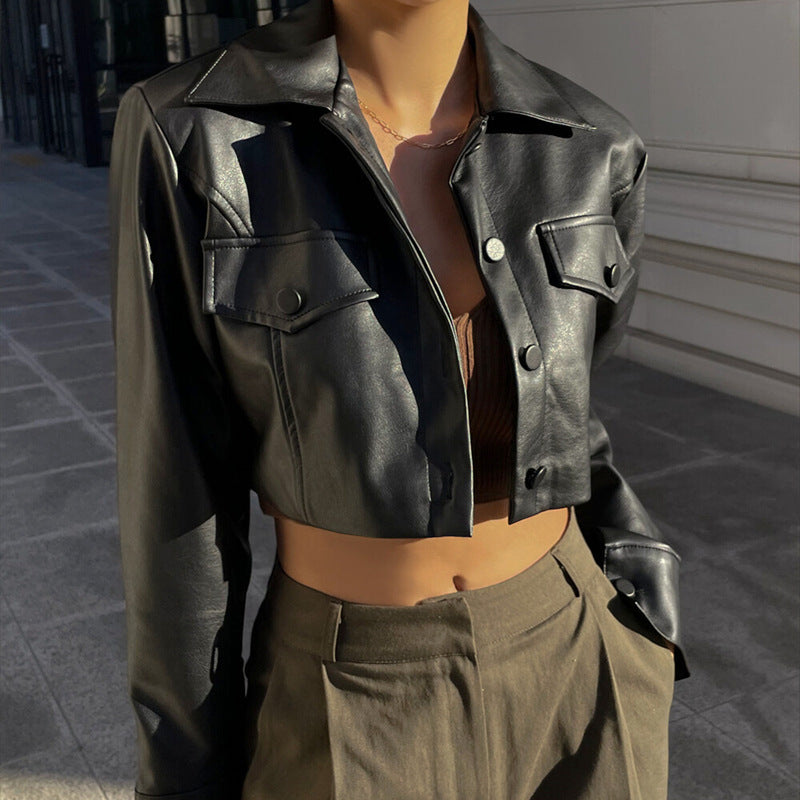 Street Sexy Fan Car Clothes Collared Breasted Leather Coat Women Autumn Sexy Cropped Fried Street Cropped Jacket Bella Mia