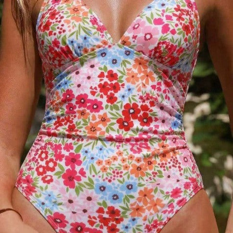 Summer Women Pink Floral Spaghetti Strap Sexy Seaside Beach Vacation One Piece Swimsuit
