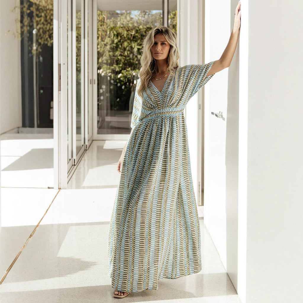 Vacation Beach Blouse Dress Printed Chiffon Backless Strap Sun Protection Dress