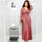 Winter African Women Wear Long Sleeve Bronzing Pleated Swing Dress with Belt Glittering Powder Fabric Bella Mia
