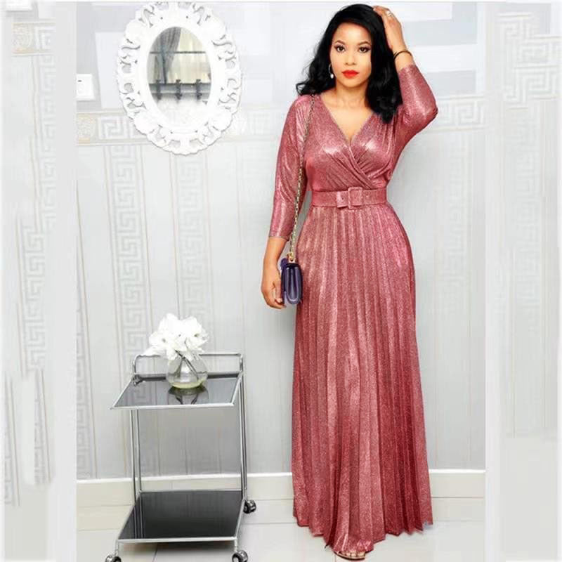 Winter African Women Wear Long Sleeve Bronzing Pleated Swing Dress with Belt Glittering Powder Fabric Bella Mia