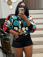 Autumn Winter Retro Three Dimensional Floral Loose Single Breasted Cardigan Short Coat Trend Women Clip 3D Rose Bella Mia