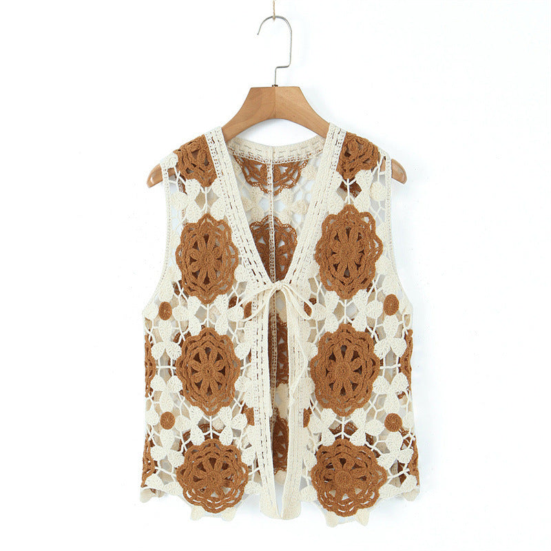Spring Arrival Contrast Color Crocheted Top Comfort Casual Women Clothing Hong Kong Retro Hollow Out Cutout Design Vest Bella Mia
