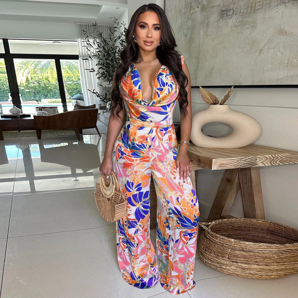 Women Wear Sleeveless Lace up Wide Leg Printed Jumpsuit Bella Mia
