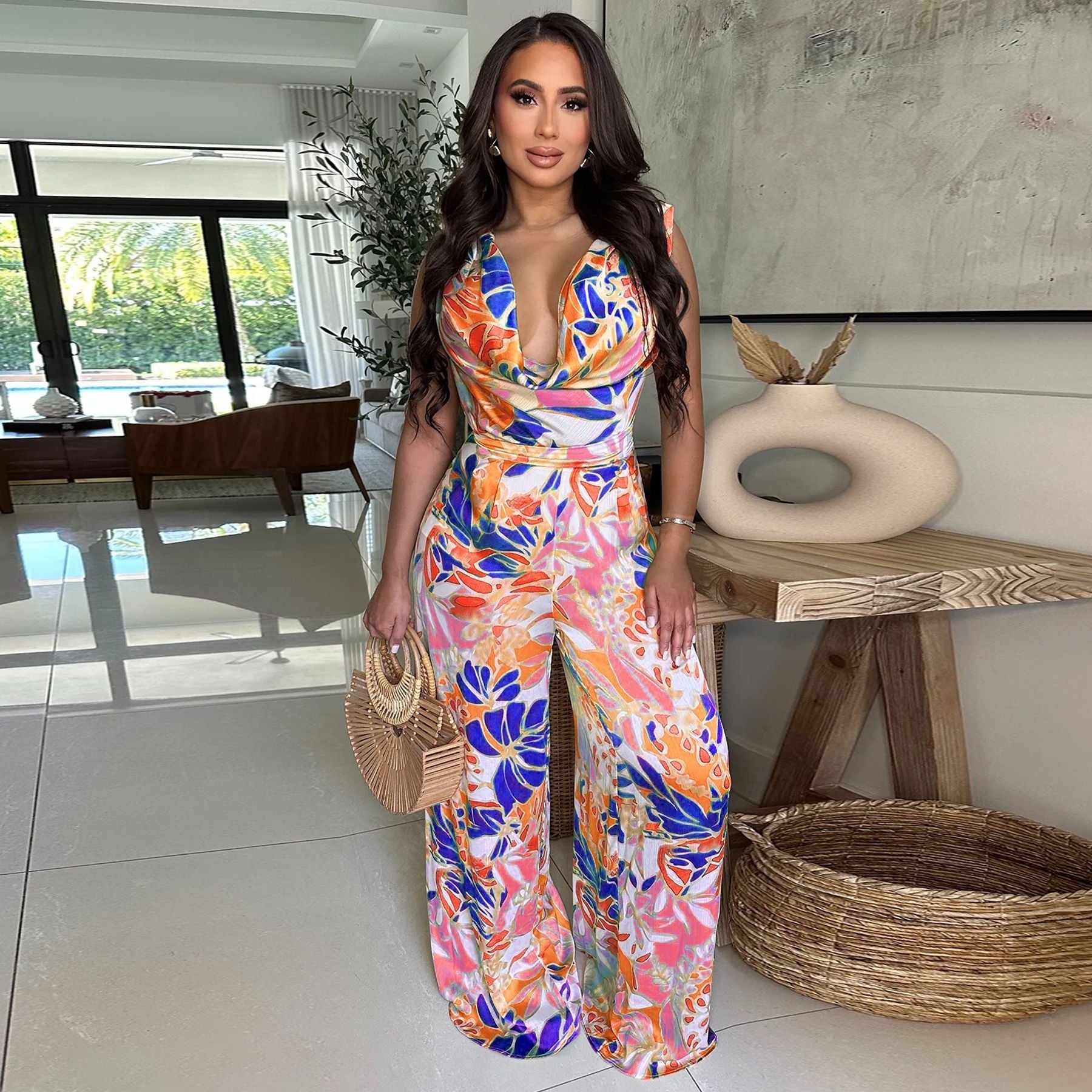 Women Wear Sleeveless Lace up Wide Leg Printed Jumpsuit Bella Mia