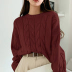 Autumn Winter Women Cable Knit Pullover Sweater Loose round Neck Solid Color All Matching Trendy Knitwear Top Bella Mia