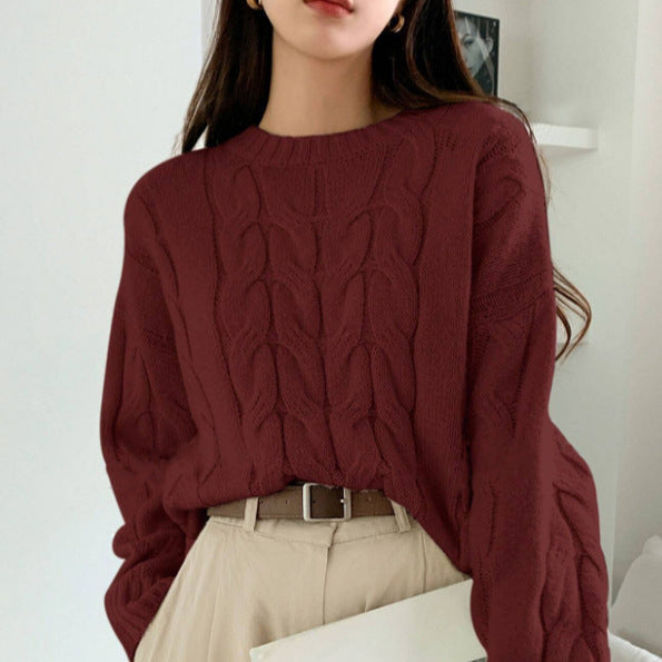 Autumn Winter Women Cable Knit Pullover Sweater Loose round Neck Solid Color All Matching Trendy Knitwear Top Bella Mia