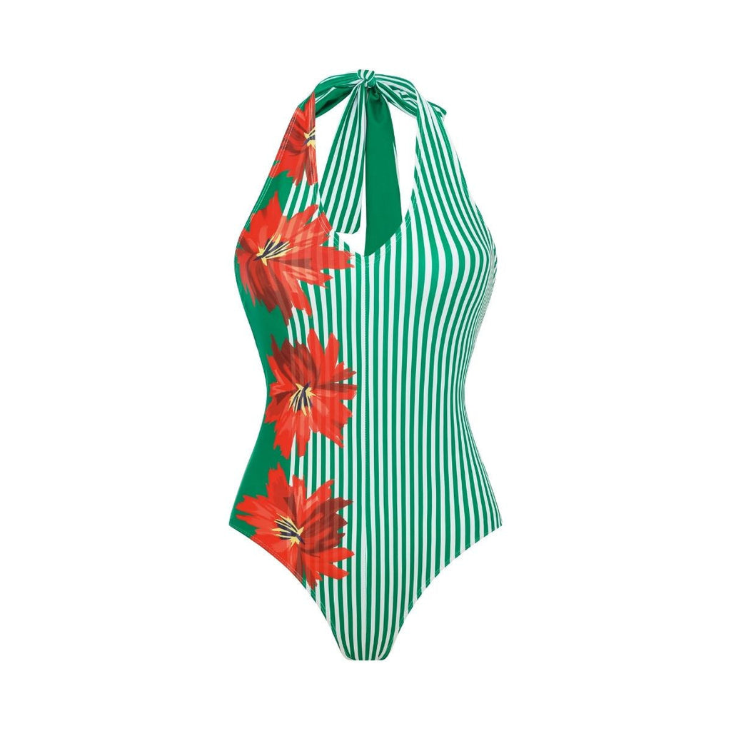 Swimsuit Green Striped Floral Stitching Swimsuit Women Tube Top Swimsuit Bella Mia