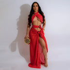 Sexy Halter Mesh Slim Fit High Slit Dress Women Solid Color Bella Mia