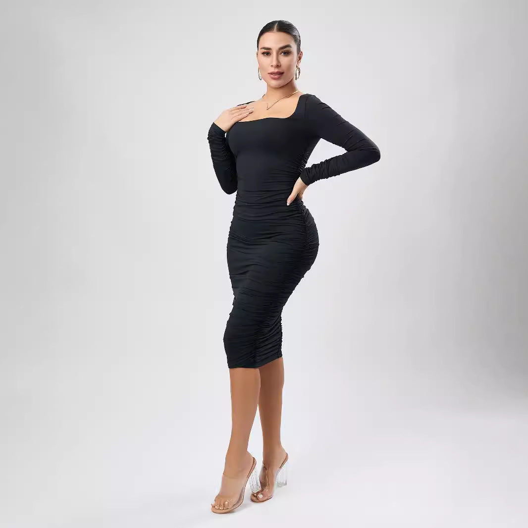 Sexy Stretch Solid Color Square Collar Ruffle Hip Slim Fit Mid Length Dress Bella Mia