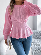 Autumn Winter Solid Color Twist Waist Trimming Ruffles Long Sleeve Pullover Sweater Women Clothing Bella Mia