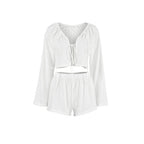 Spring White Pure Cotton Cardigan Lace up Ladies Homewear Casual Long Sleeve Shorts Pajamas Two Piece Set Bella Mia