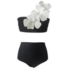 Solid Color One Shoulder Three Dimensional Floral Design Split Women Bikini Swimsuit Bella Mia