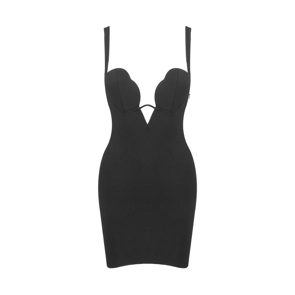 Sexy V neck Strap Zipper Furcal Lower Hem Dress Nightclub Black French Dress Bella Mia