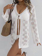 Women Cardigan Women Clothing Woven Shirt Hollow Out Cutout out Long Sleeve Sunscreen Beach Cover Up Lace up Beach Jacket