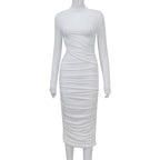Women Clothing Autumn Crew Neck Long Sleeve Sexy Cutout Pleated Tight Elegant Sheath Dress Women Bella Mia