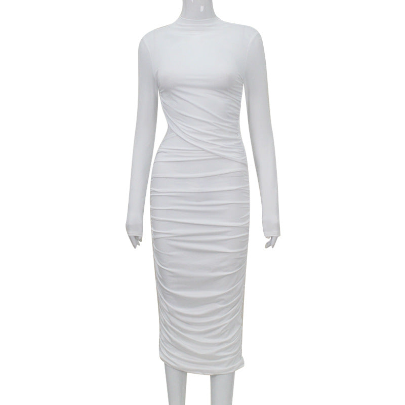 Women Clothing Autumn Crew Neck Long Sleeve Sexy Cutout Pleated Tight Elegant Sheath Dress Women Bella Mia
