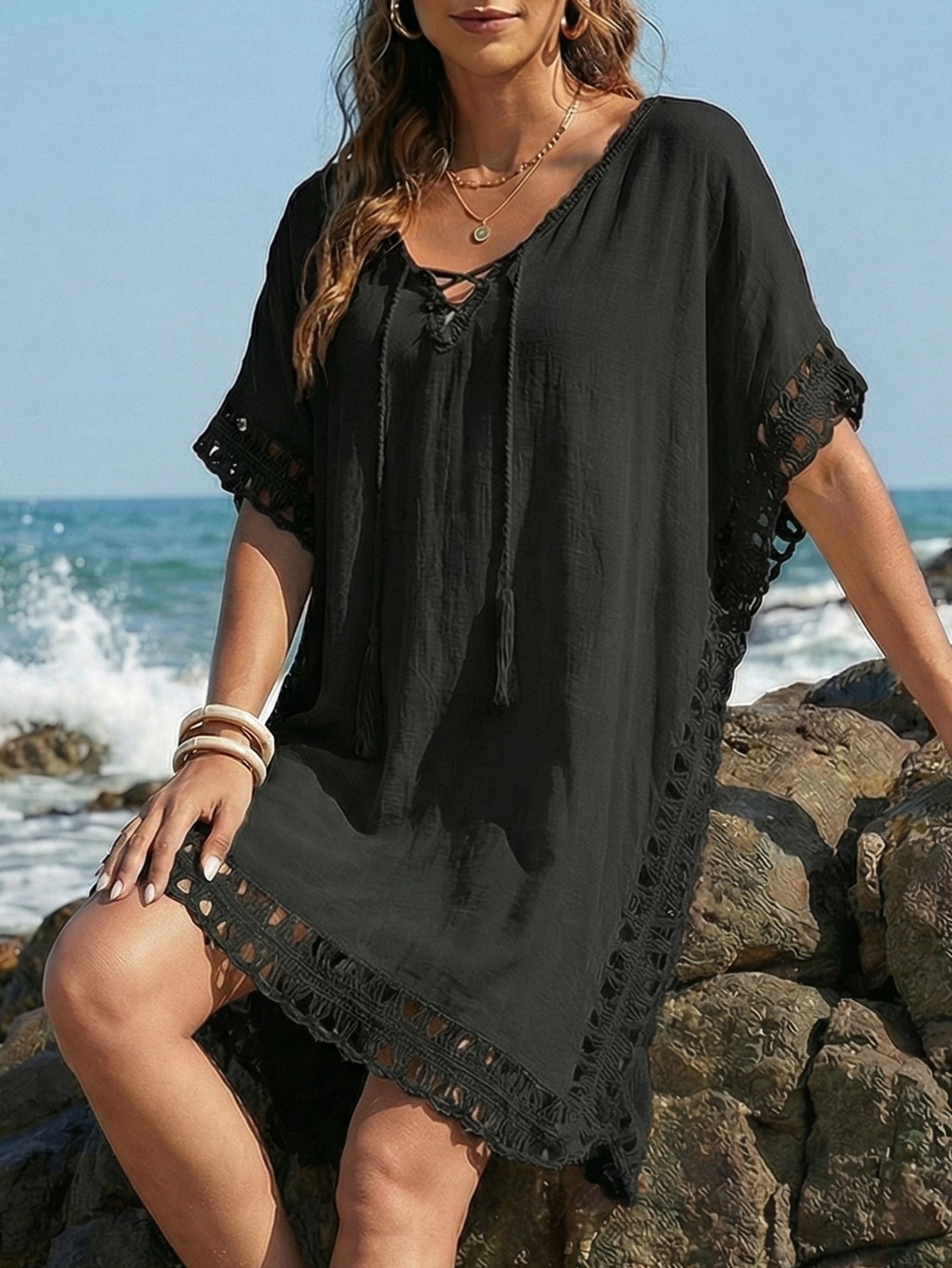 Women Dress Women Clothing Hand Crocheting Stitching Tied Loose Beach Beach Cover Up Bella Mia