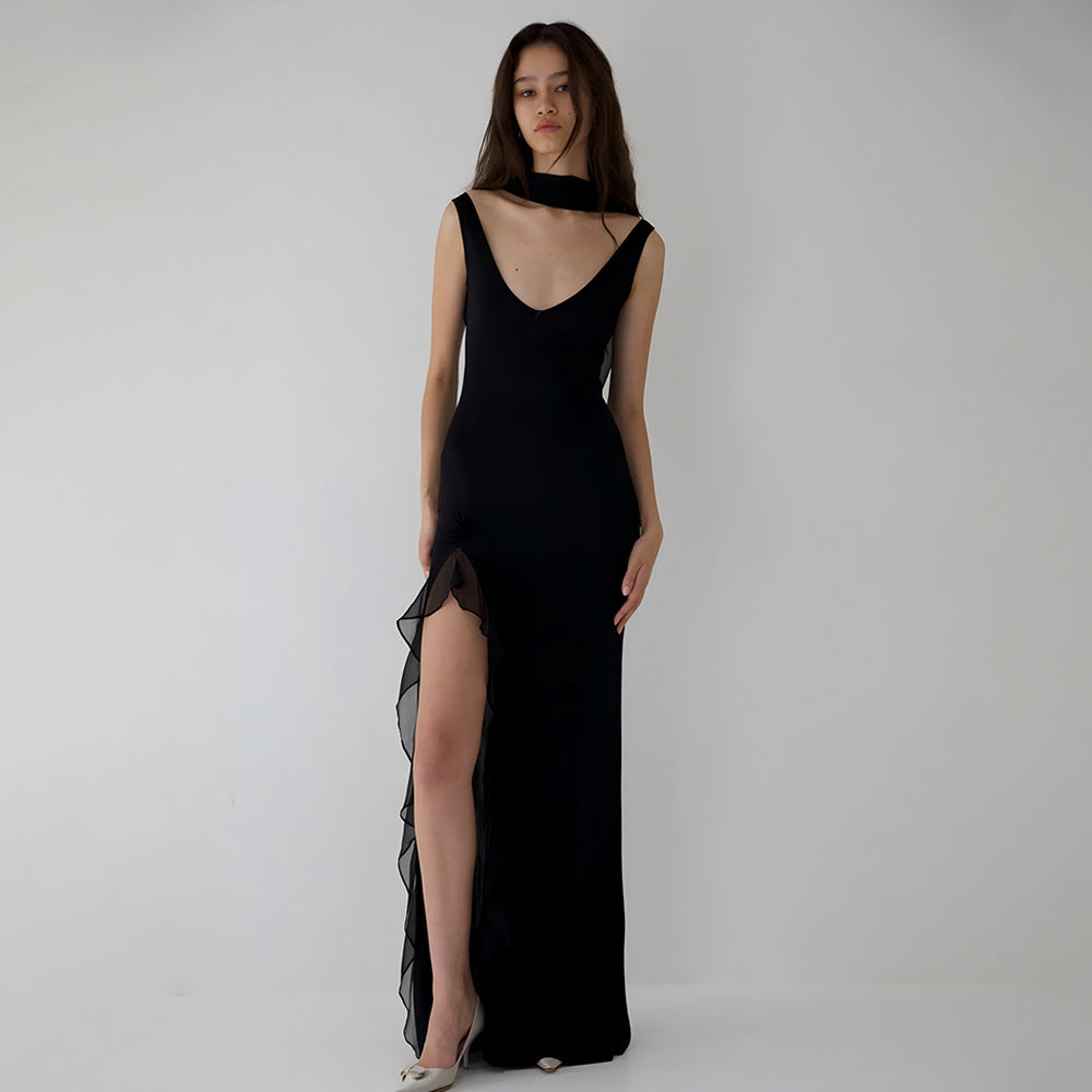 Summer Elegant Ribbon Women Dress Sexy Backless High Slit Ruffled Slim Dress Bella Mia