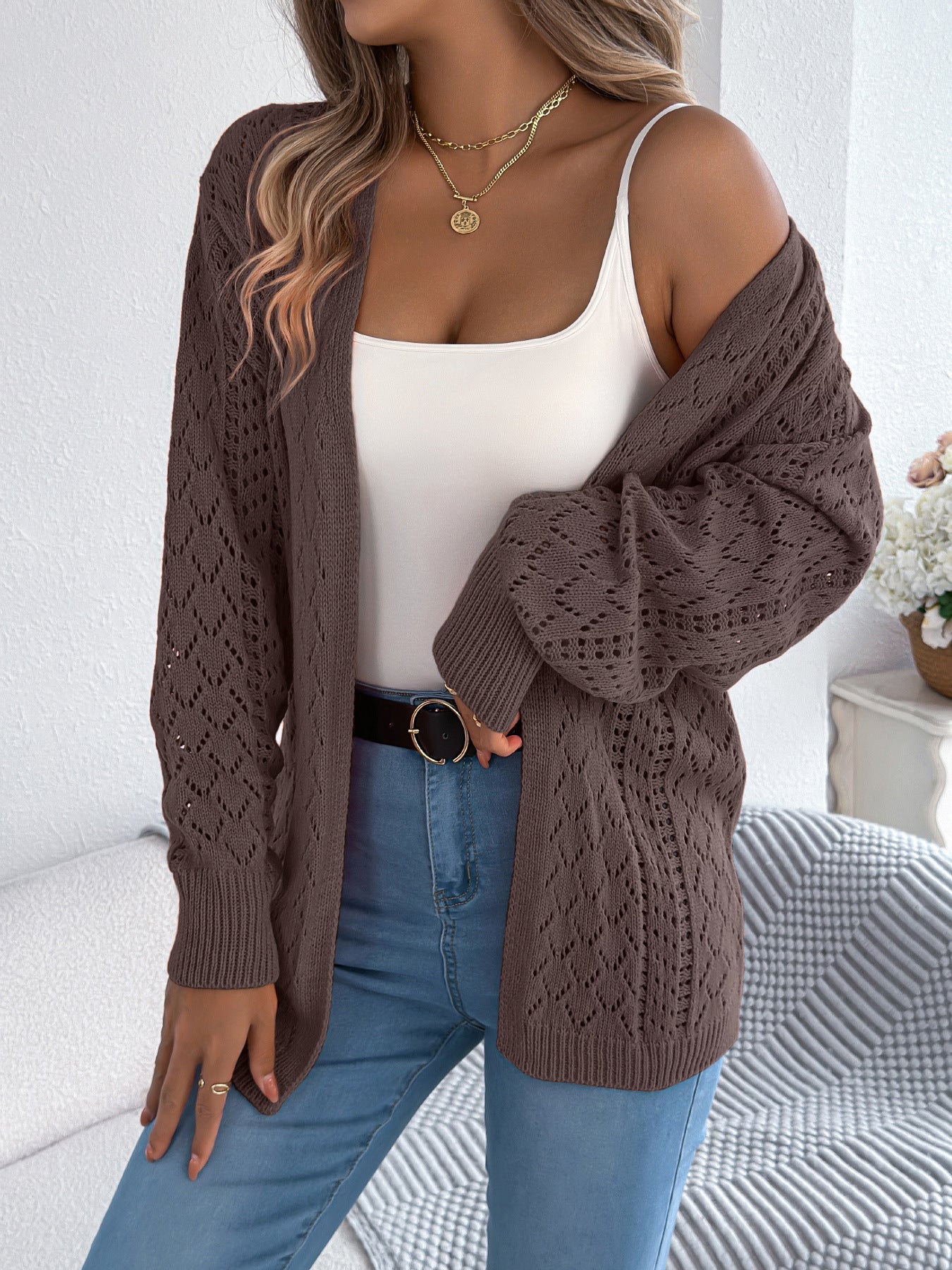 Autumn Winter Hollow Out Cutout out Lantern Long Sleeve Cardigan Sweater Mid Length Coat Women Clothing Bella Mia