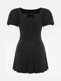 French Summer Elegant Retro College Square Collar Puff Sleeve Black Dress Girl Dress