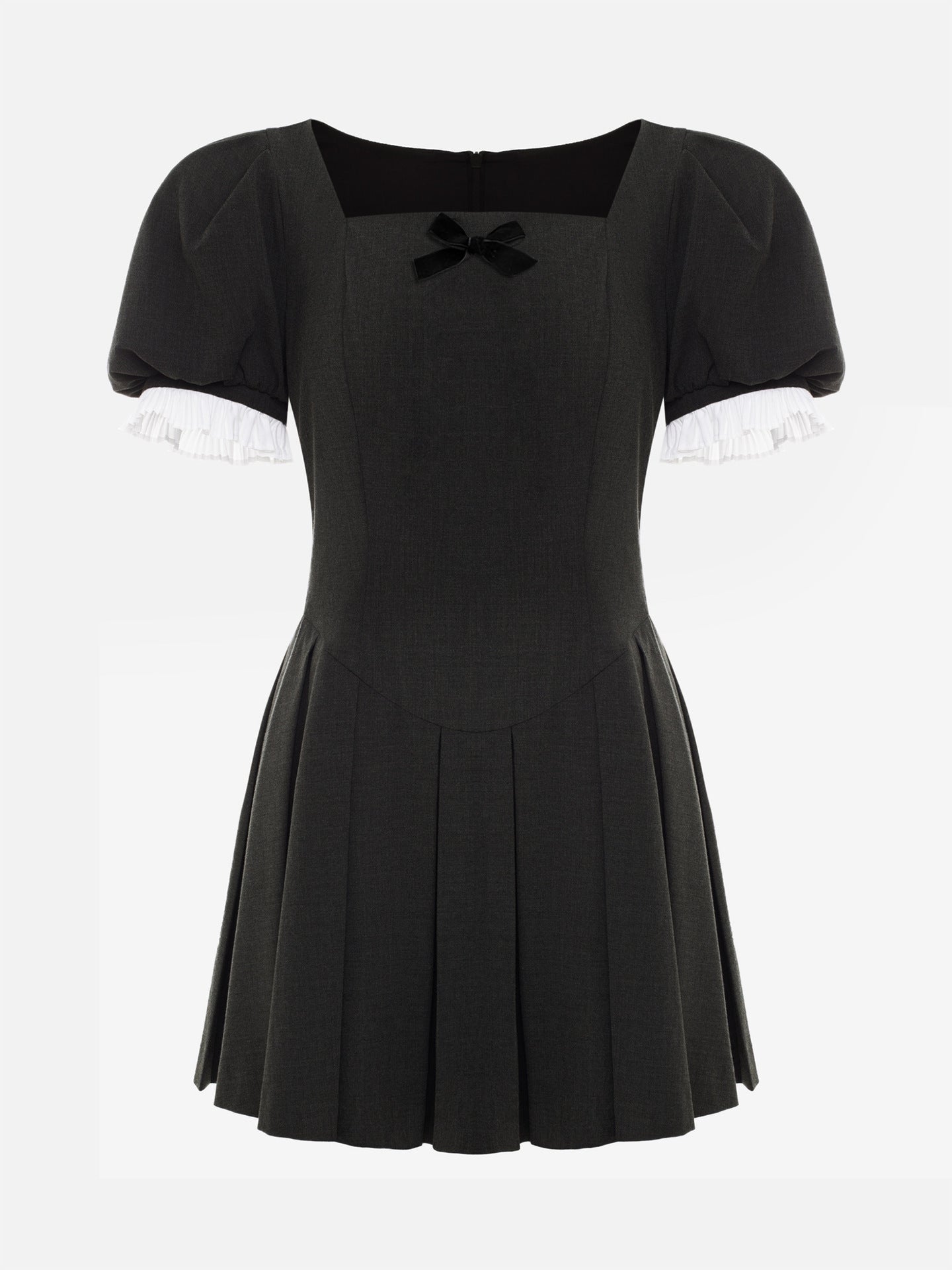 French Summer Elegant Retro College Square Collar Puff Sleeve Black Dress Girl Dress