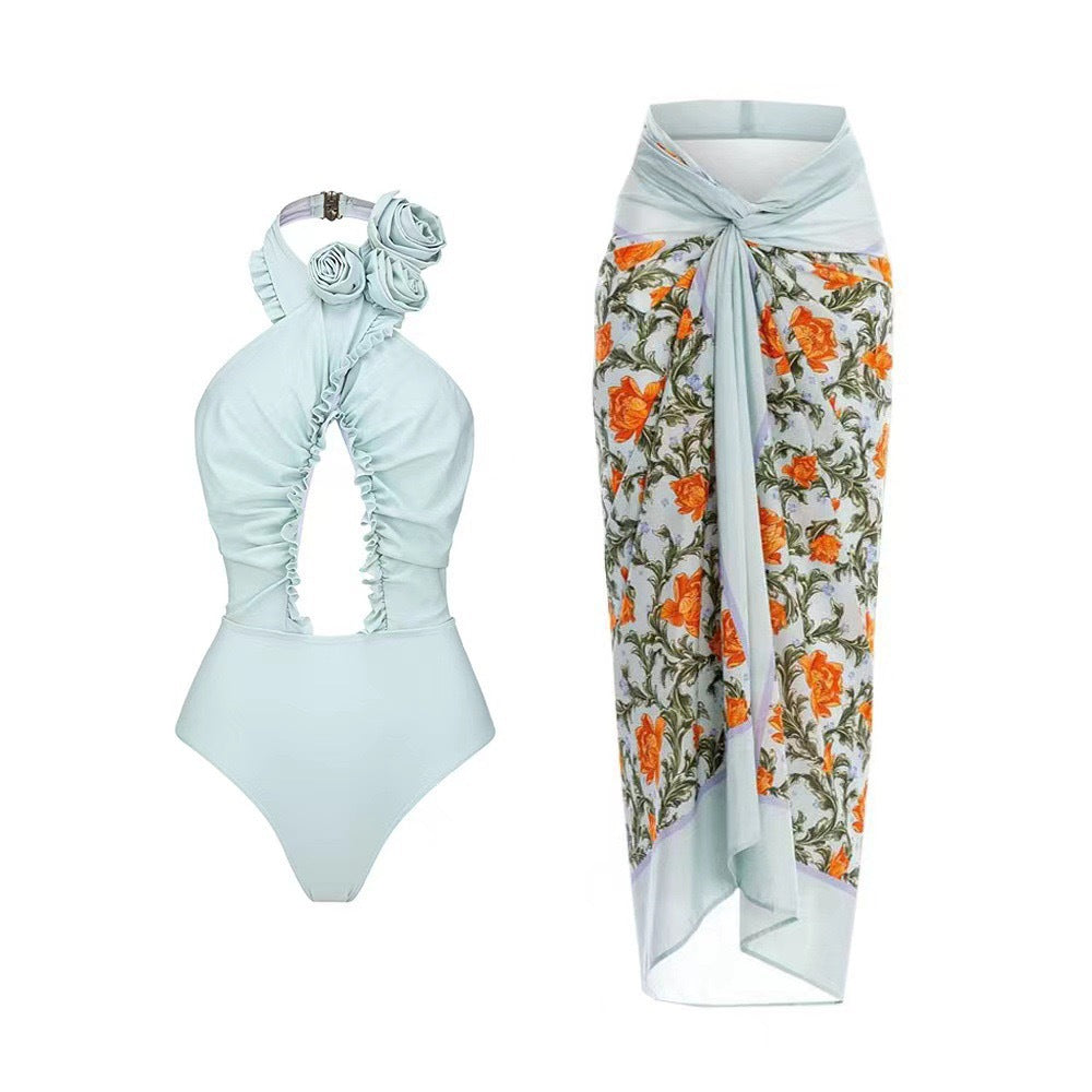 Lonkey French Two Sets Women Swimsuit Solid Color Flying Edge Cross Hollow Out Cutout-out Swimsuit Women Bella Mia