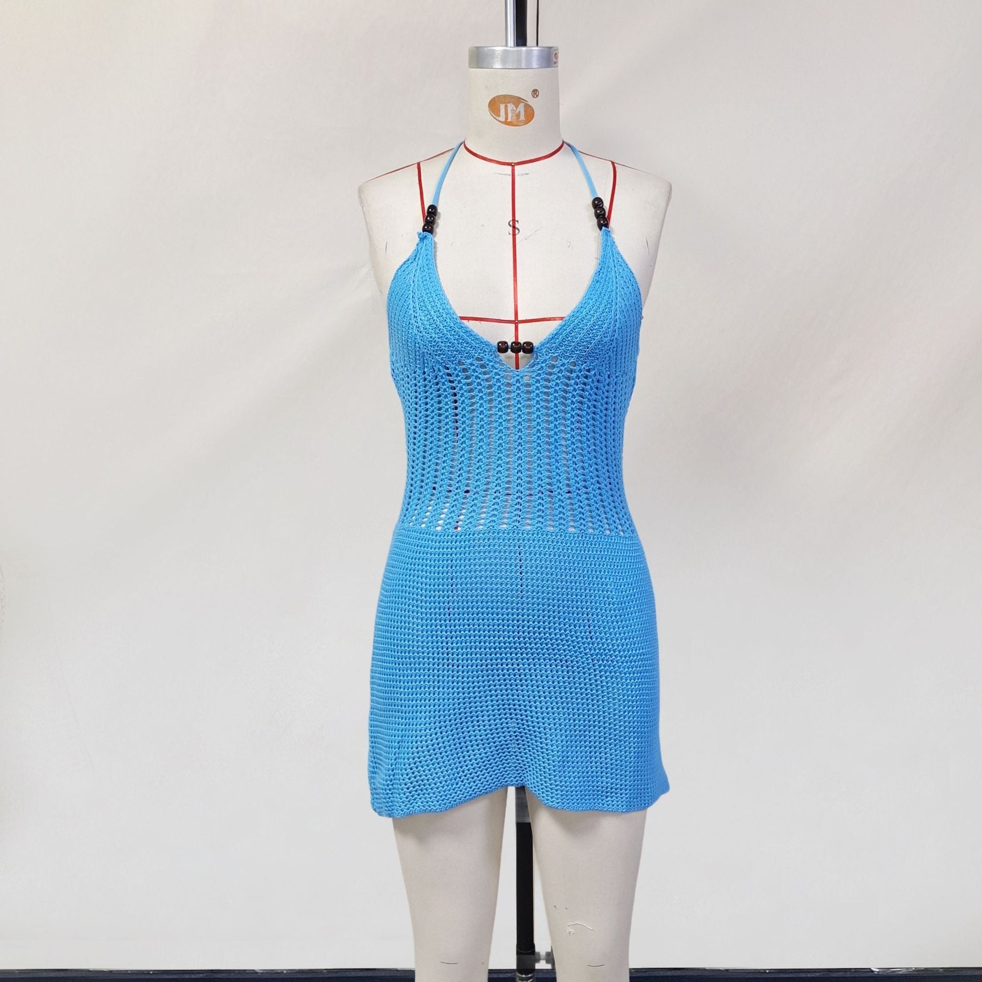 Women Spring Clothing Knitted Hollow Out Cutout Sexy V neck Halter Backless Lace up Beach Dress Women Bella Mia